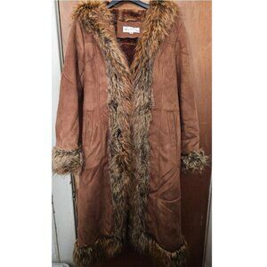 Donna Salyers Fabulous Furs Full Length M Hooded Tobacco Suede & Fur Trim Coat